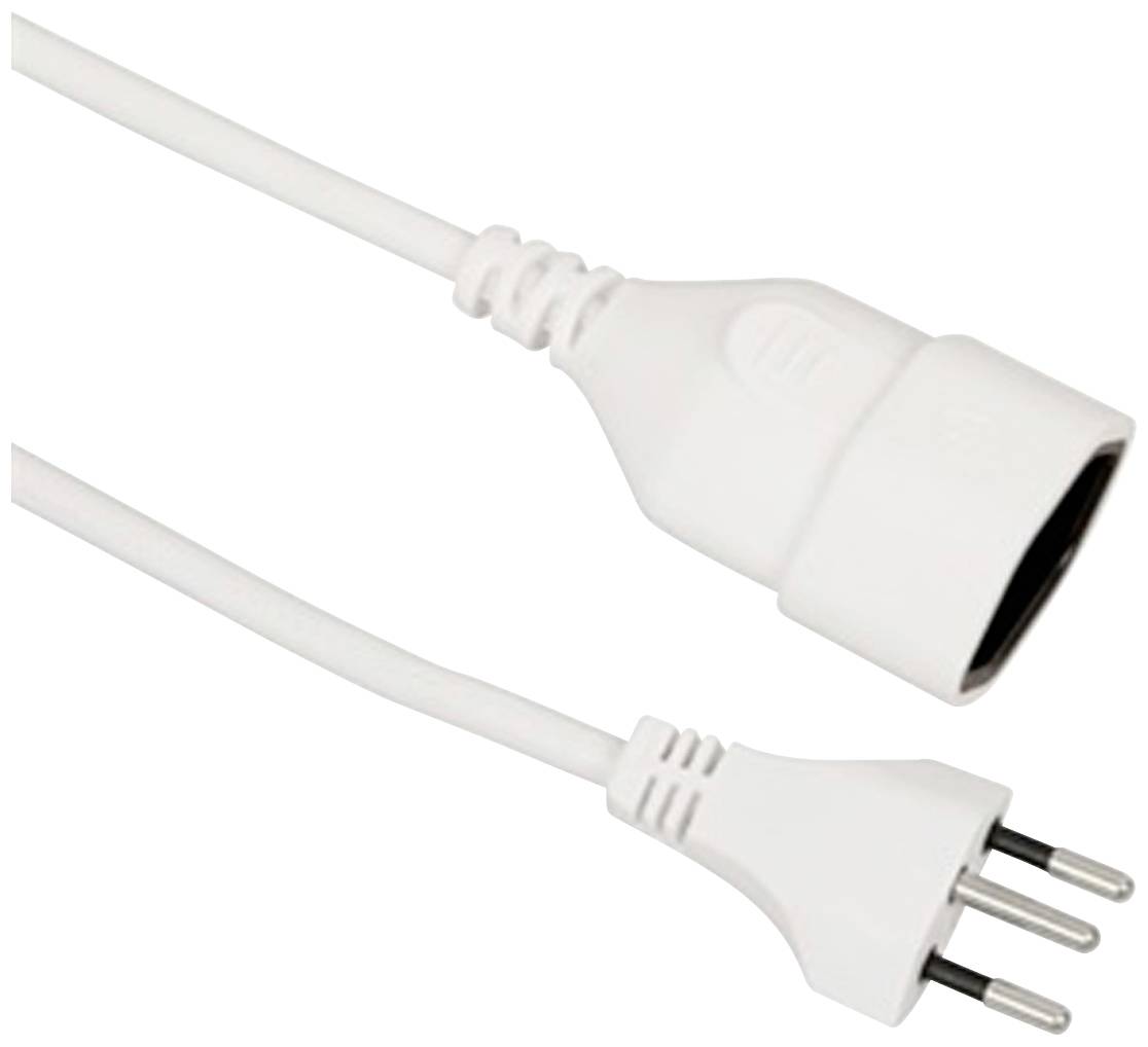 Ein weißes Verlängerungskabel mit einem Euro-Stecker (Typ C) und einer Buchse, eignet sich für den Anschluss von Elektrogeräten.