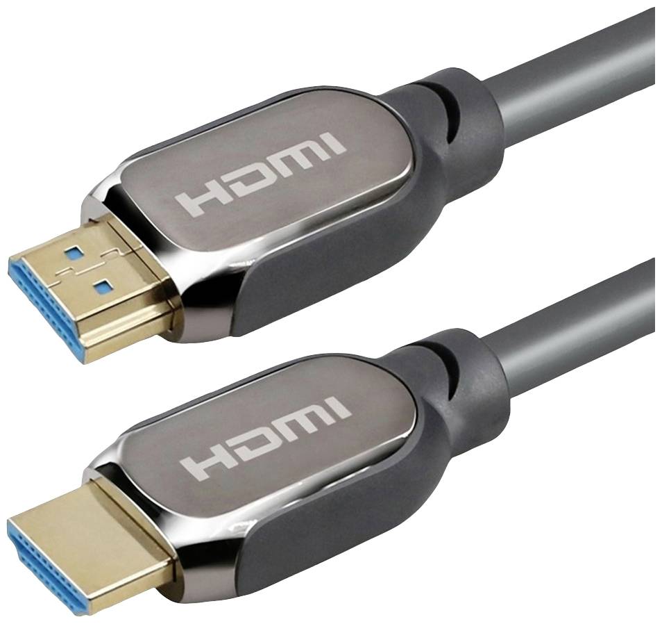 Zwei HDMI-Kabelstecker mit goldfarbenen Kontakten und grauem Kabel, liegen parallel zueinander auf einer weißen Oberfläche.