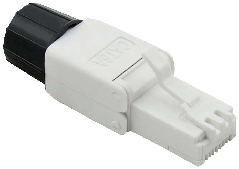 Ein rechteckiger Kunststoffstecker mit schwarzem und weißem Gehäuse, geeignet für Glasfasernetzwerke, liegt auf einer weißen Fläche.