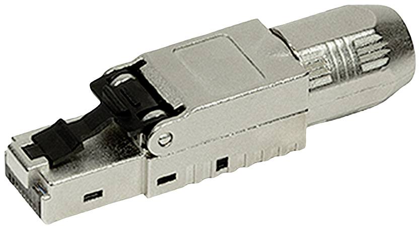 Ein RJ45-Steckverbinder für Netzwerkkabel in einer metallischen Hülle.