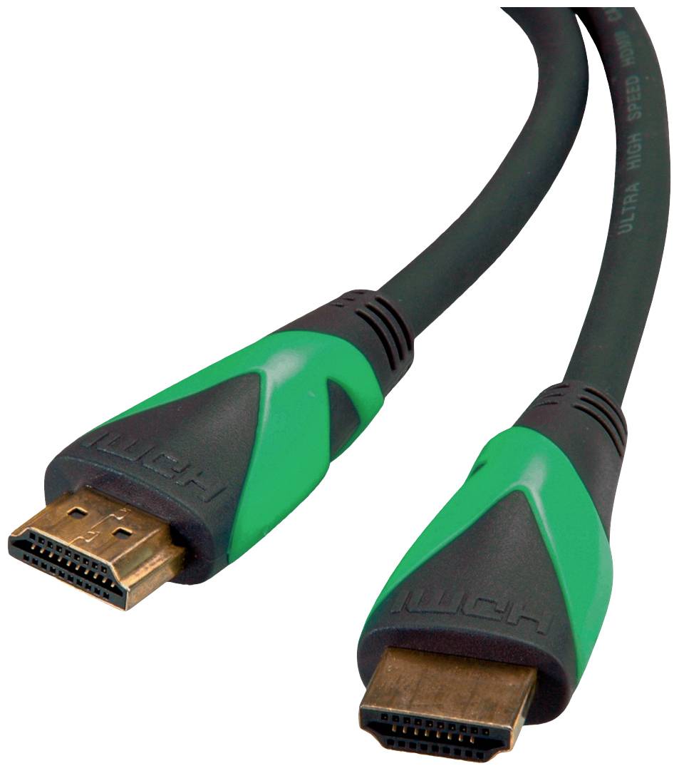 Zwei HDMI-Kabel mit grünen und schwarzen Steckern, geeignet für die Übertragung von Audio- und Videosignalen zwischen Geräten.