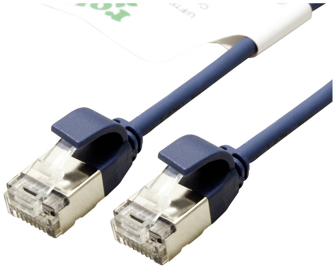Zwei blaue Ethernet-Kabel mit RJ45-Steckern liegen nebeneinander. Sie sind für Netzwerkverbindungen in Computernetzwerken geeignet.