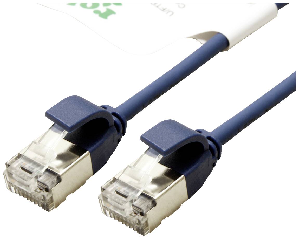 Zwei blaue Ethernet-Kabel mit RJ-45-Steckern, die für Netzwerkverbindungen verwendet werden.