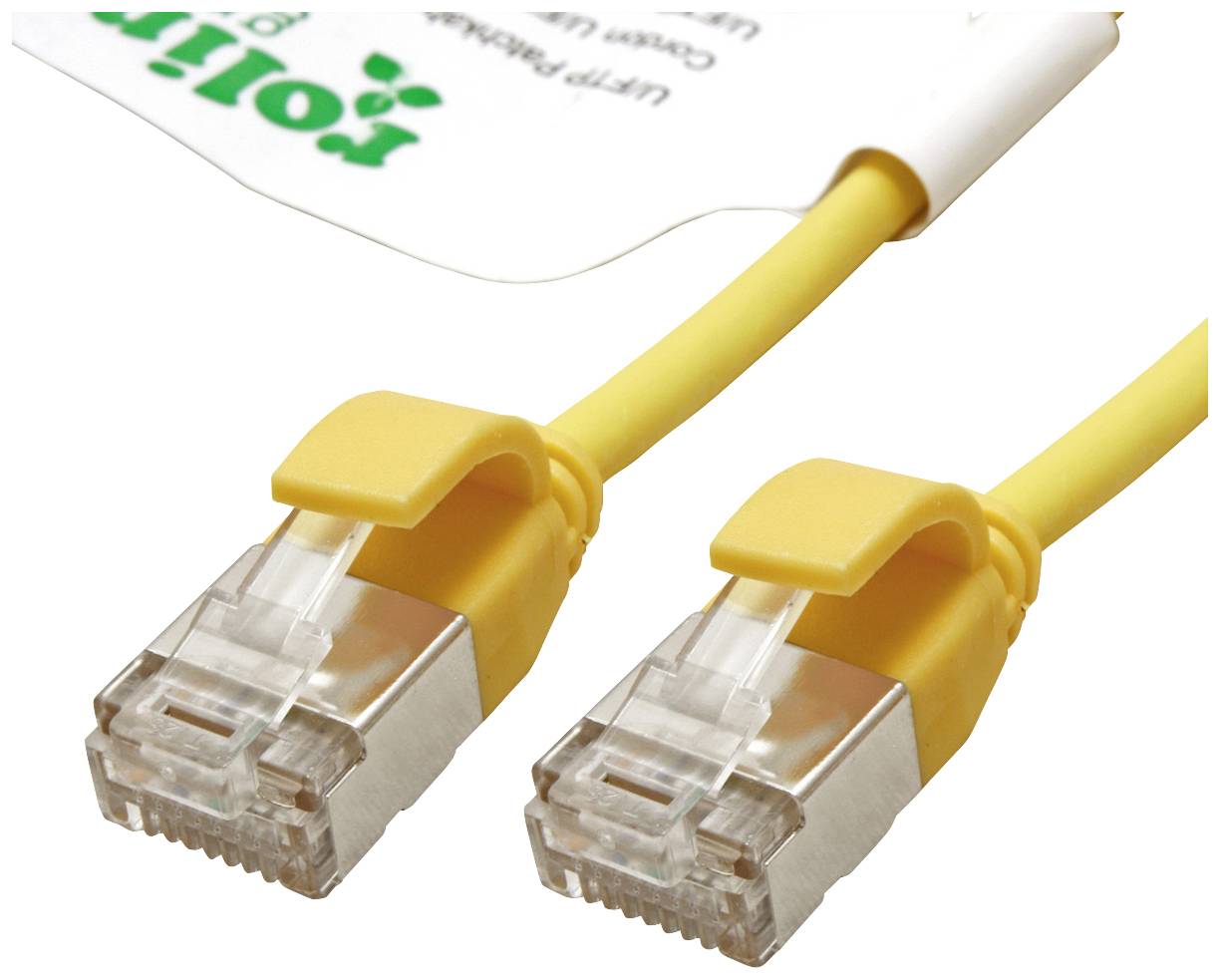 Zwei gelbe Ethernet-Kabel mit RJ45-Steckern nebeneinander vor weißem Hintergrund. Kabel sind für Netzwerkverbindungen gedacht.