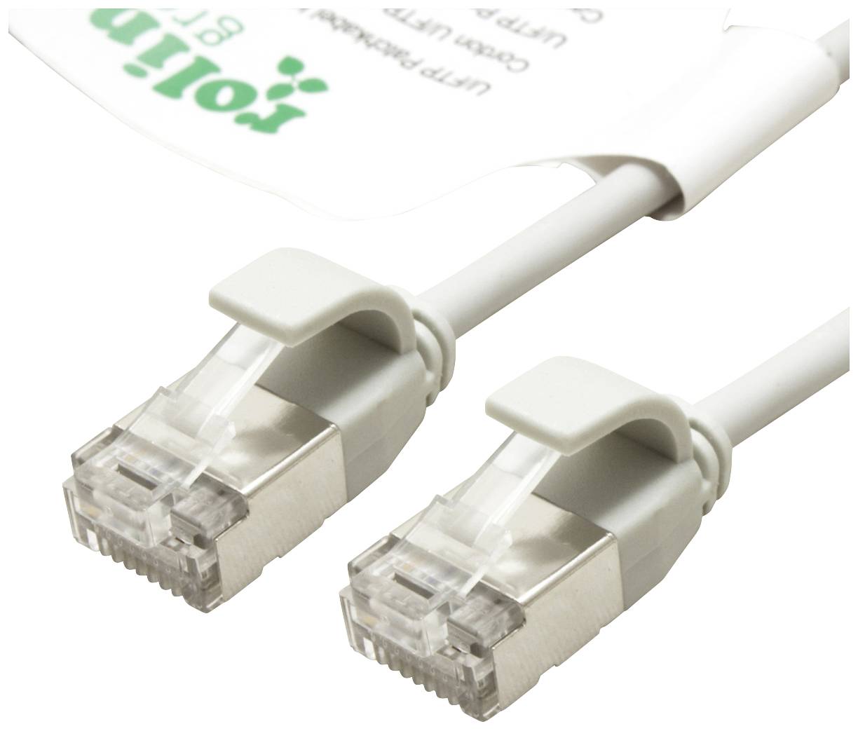Zwei weiße Ethernet-Kabel mit RJ45-Steckern, nebeneinander liegend. Sie haben jeweils eine transparente Spitze und weiße Laschen.
