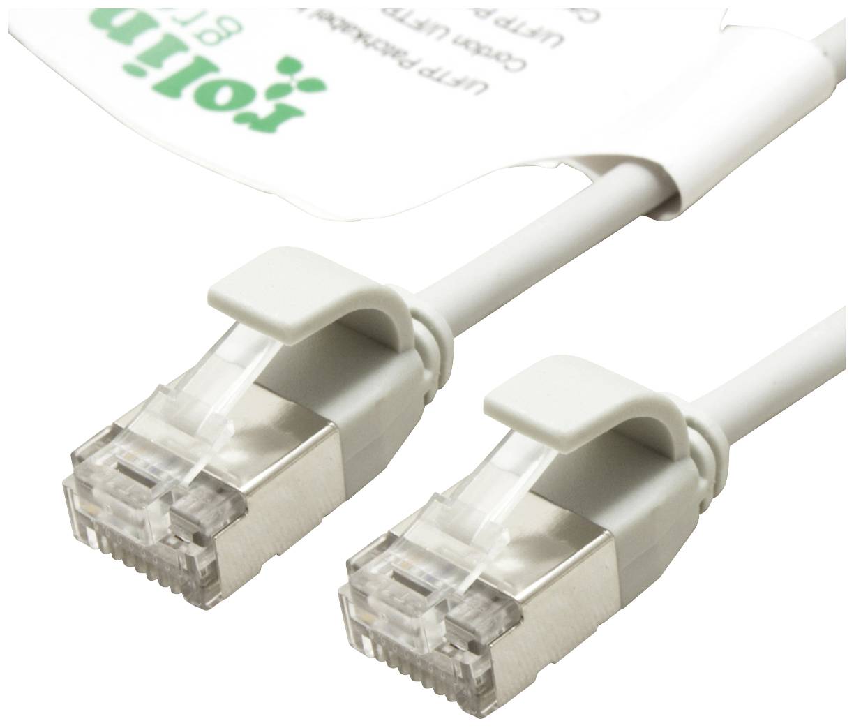 Zwei weiße Ethernet-Kabel mit transparenten Steckern nebeneinander.