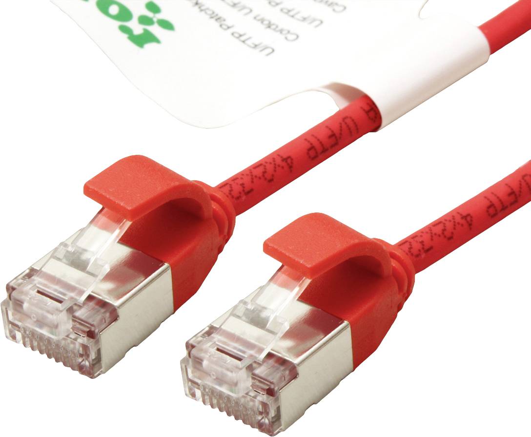 Zwei rote Ethernet-Kabel mit klaren Steckern, die miteinander verbunden sind, vor einem weißen Hintergrund.