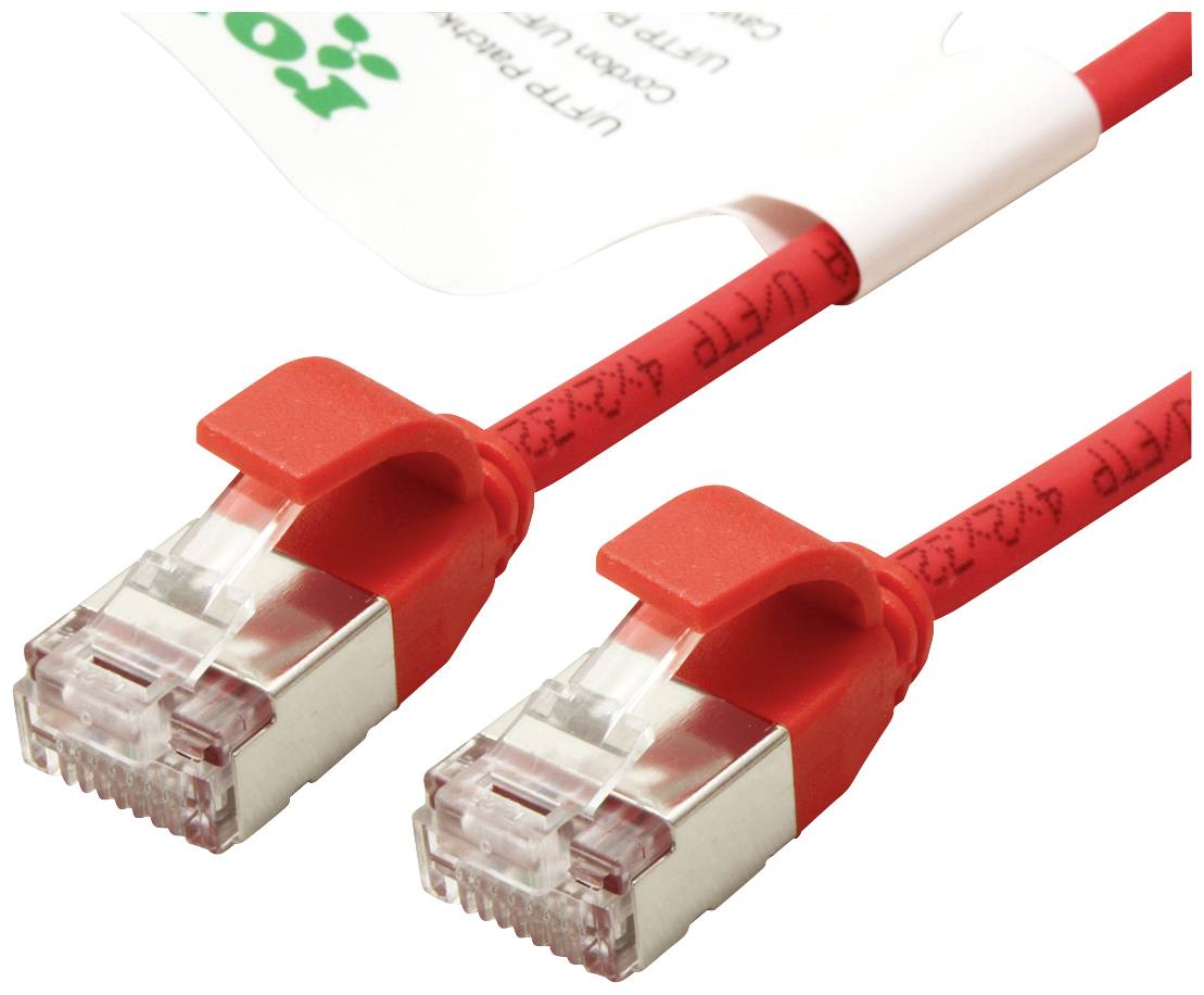 Rotes Ethernet-Kabel mit RJ45-Steckern an beiden Enden, dient zur Datenübertragung in Computernetzwerken.