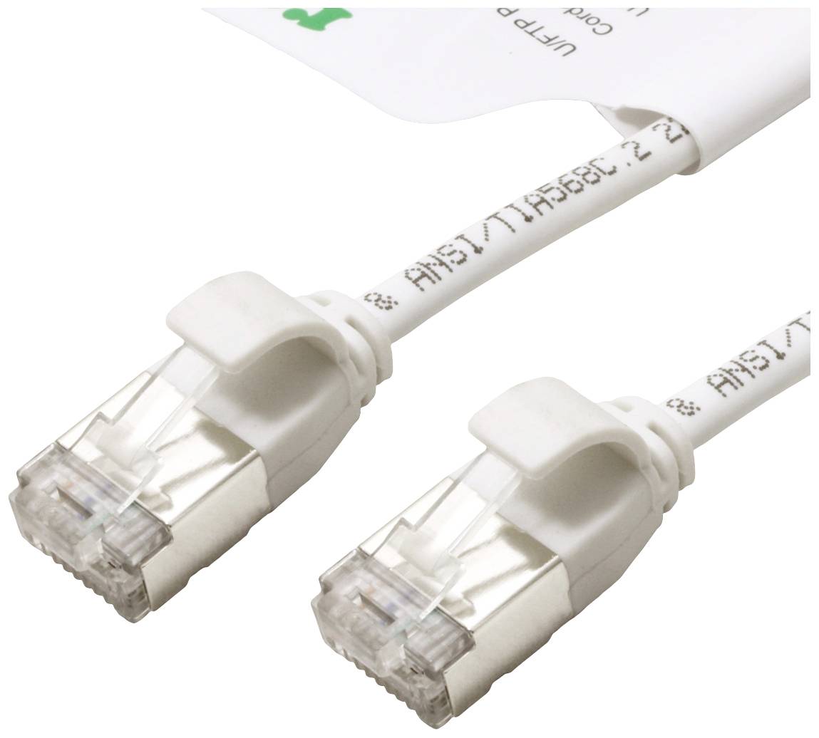 Ein weißes Ethernet-Kabel mit zwei Steckern gegen einen hellen Hintergrund.