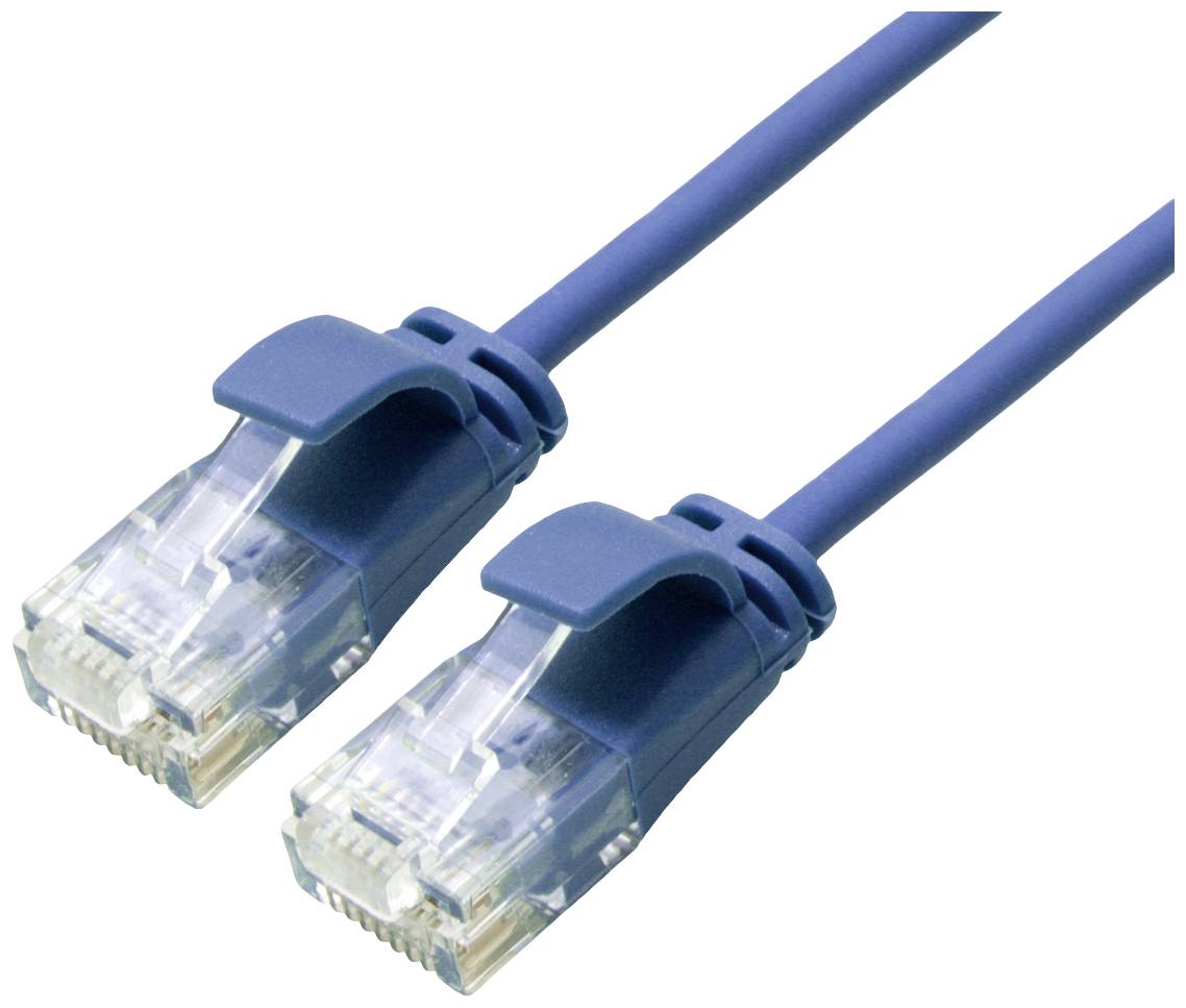 Blaues Ethernet-Kabel mit zwei RJ45-Steckern, verwendet für Netzwerkverbindungen zwischen Geräten.