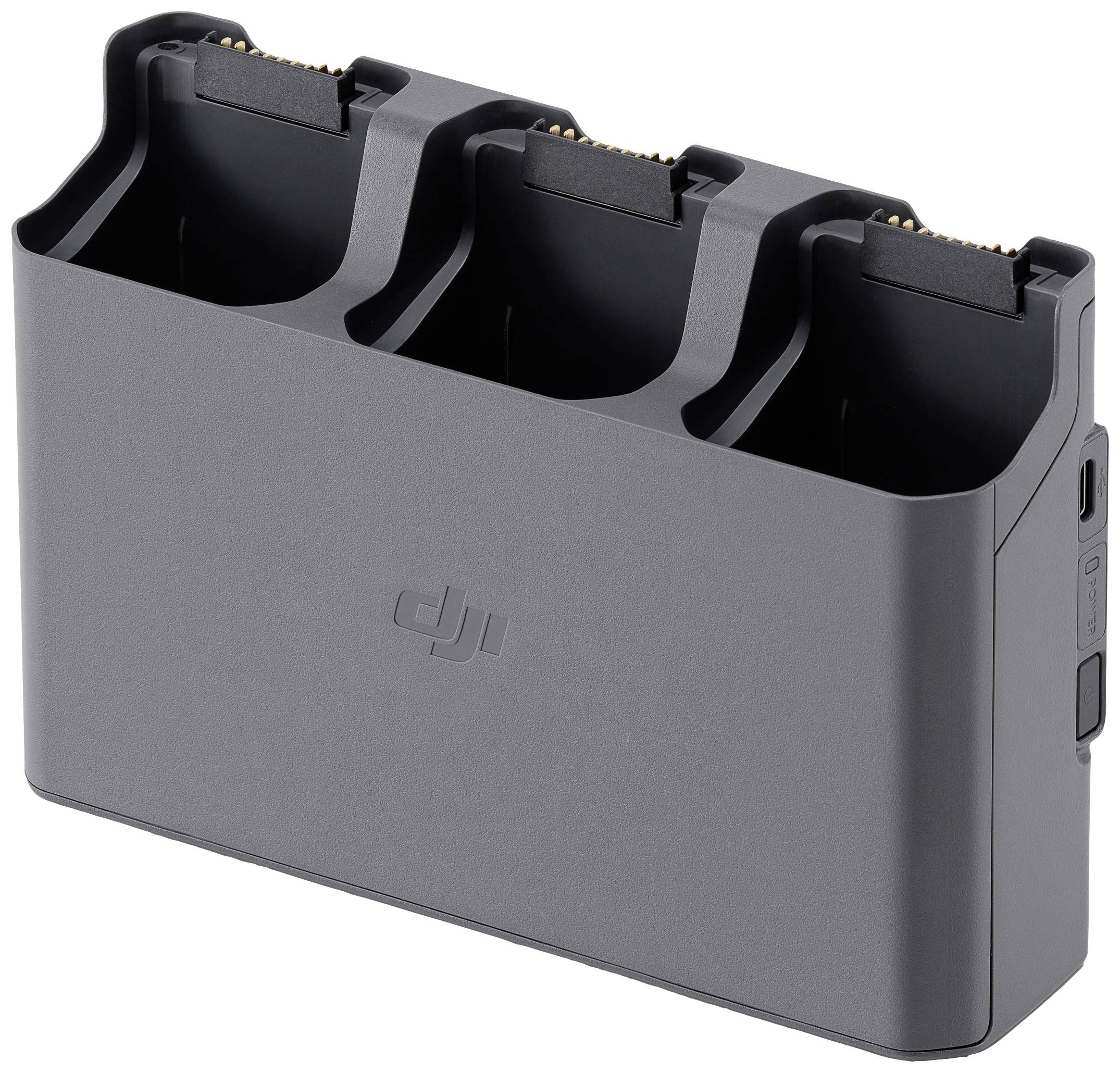 Drei-Slot-Batterieladegerät für DJI-Drohnen-Akkus, mit kompaktem, schwarzem Design und seitlichem Ladeanschluss.