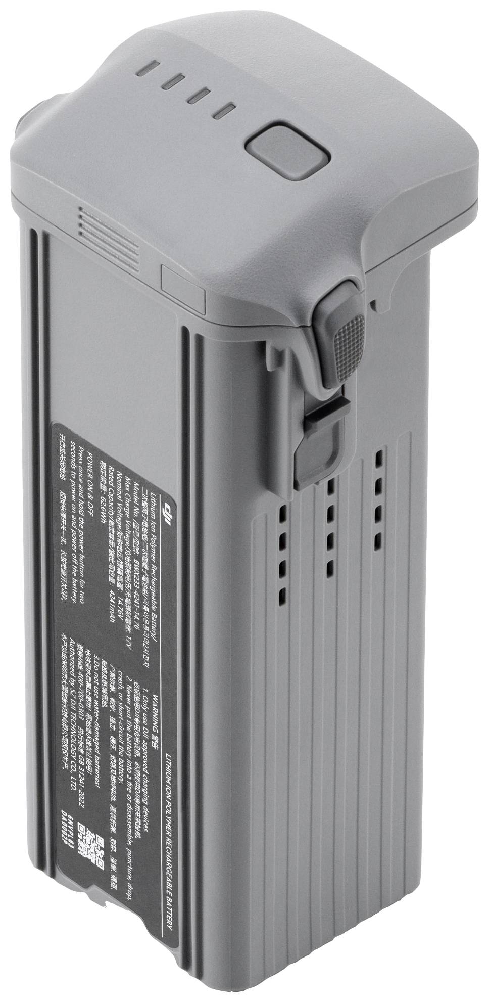 Graue Drohnenbatterie mit schwarzem Etikett und Aufschrift, rechteckige Form mit einem Schnappverschluss oben.