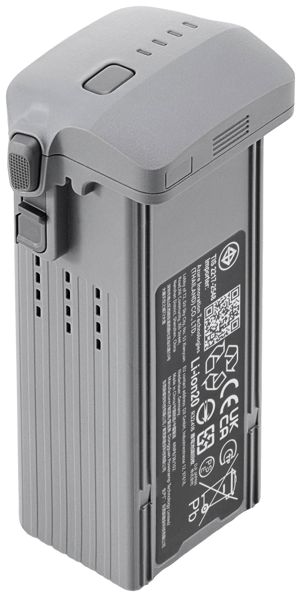 Graue Drohnenbatterie mit technischen Spezifikationen und Sicherheitshinweisen auf der Oberfläche.