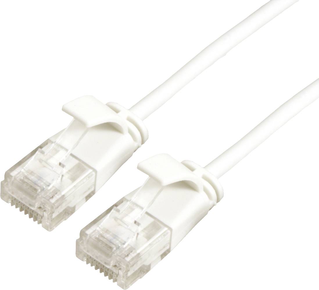 Ein weißes Ethernet-Kabel mit zwei RJ45-Steckern an beiden Enden für Netzwerkverbindungen.