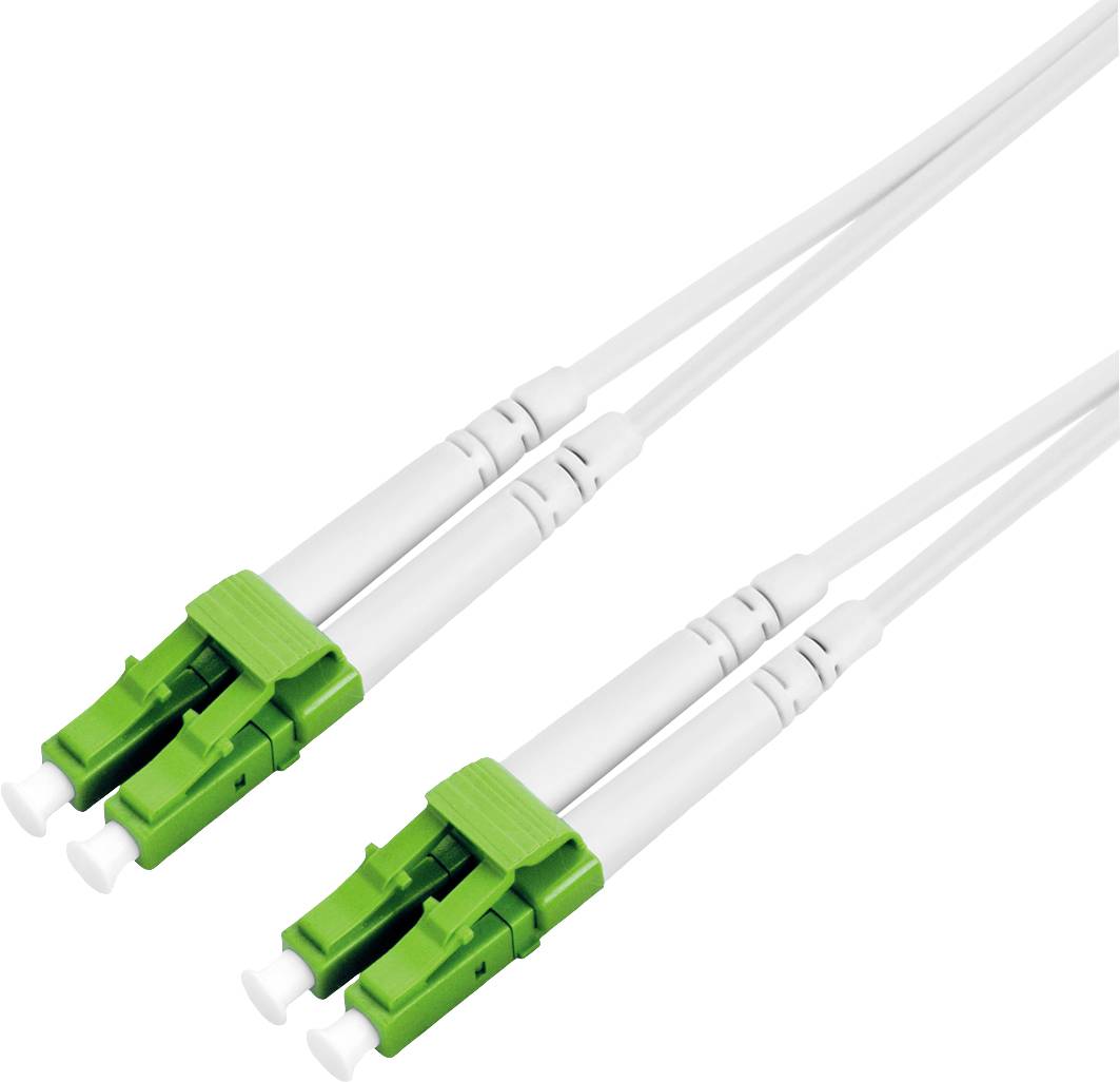 Zwei grüne LC/LC-Duplex-Glasfaserkabel mit weißer Ummantelung, für schnelle Datenübertragung in Netzwerken ausgelegt.