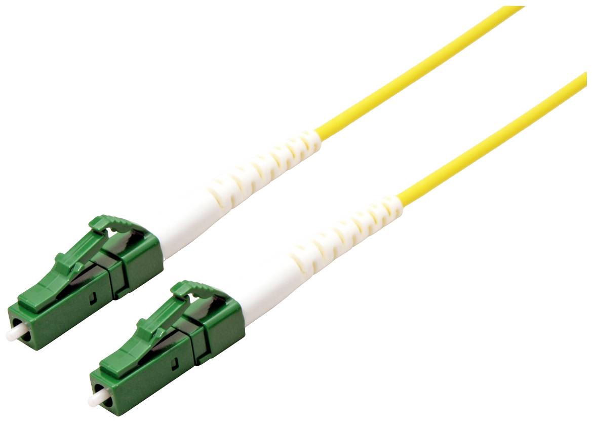 Zwei gelbe Glasfaserkabel mit grünen Steckverbindern liegen parallel nebeneinander.