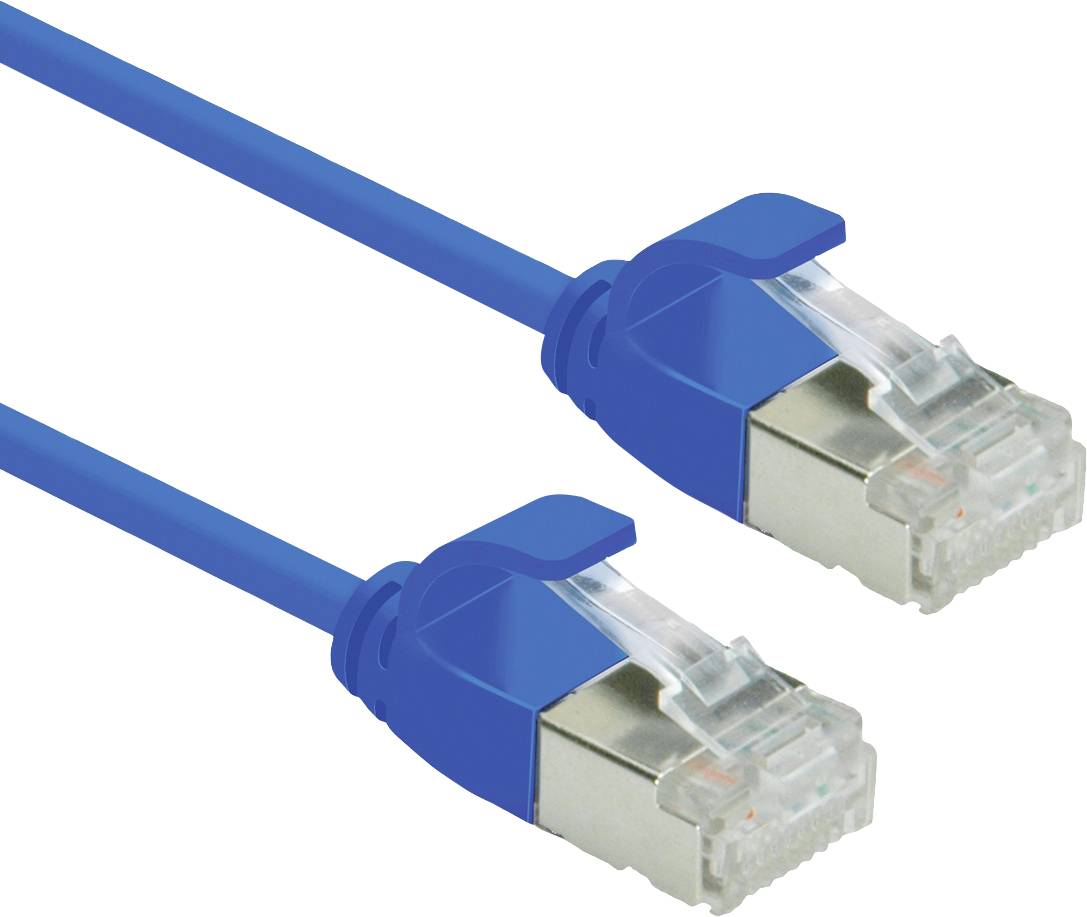 Ein blaues Ethernet-Kabel mit zwei RJ45-Steckern. Solche Kabel werden häufig zum Verbinden von Computern mit Netzwerken verwendet.