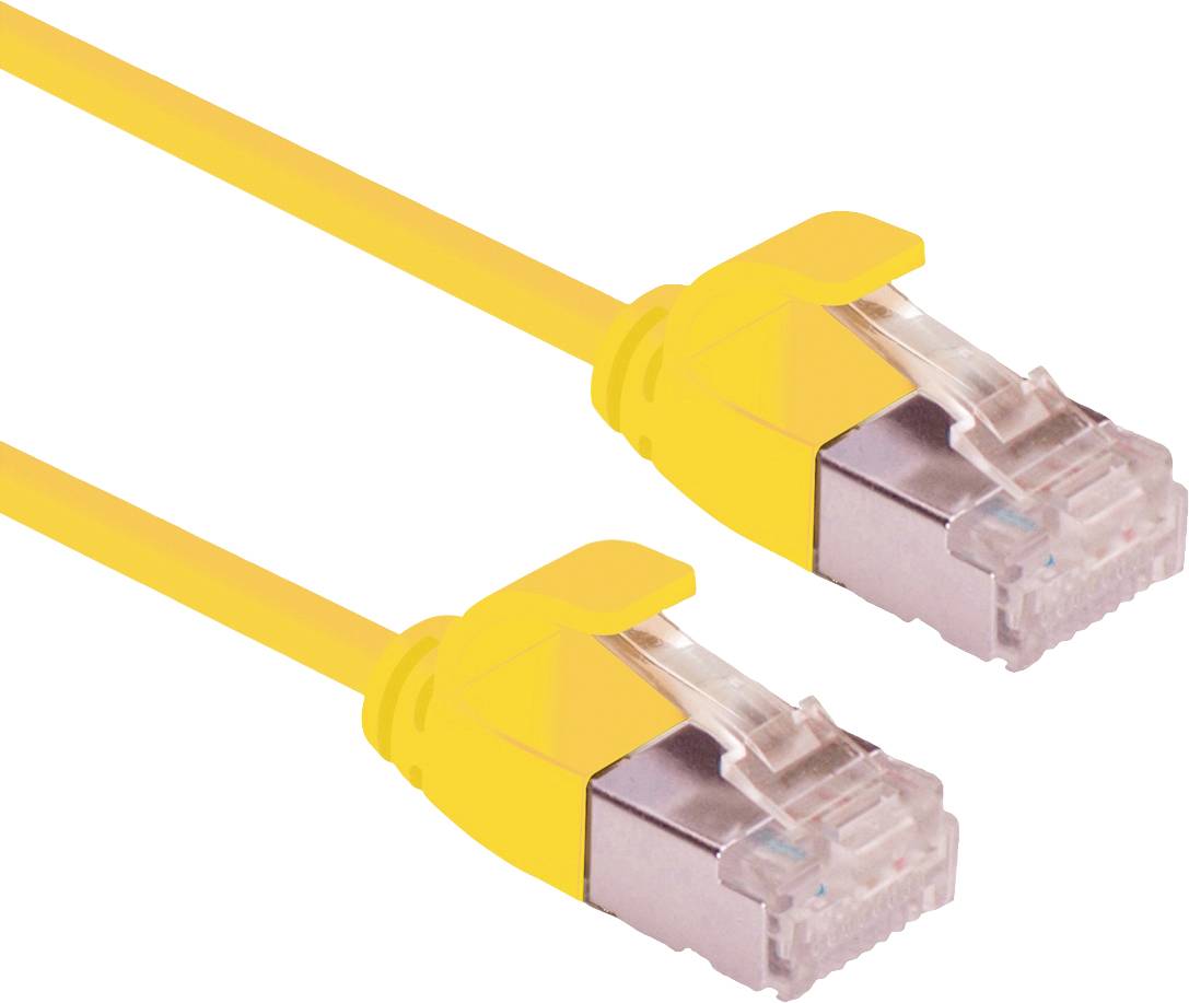 Ein gelbes Ethernet-Kabel mit zwei RJ45-Steckern an den Enden wird gezeigt. Es wird häufig für Netzwerkverbindungen verwendet.