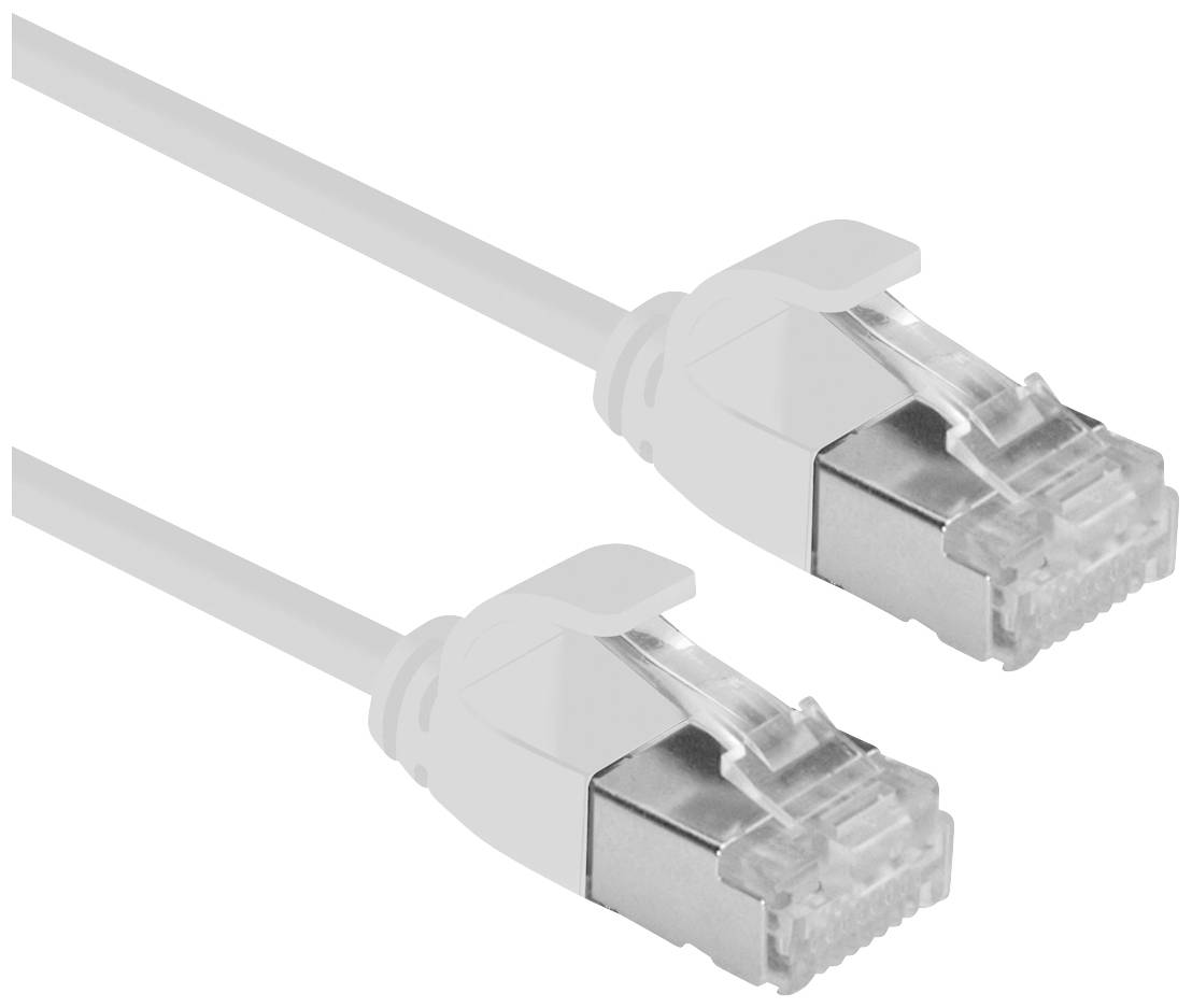 Ein weißes Ethernet-Kabel mit zwei RJ45-Steckern. Diese Kabel werden zur Verbindung von Netzwerkgeräten verwendet.