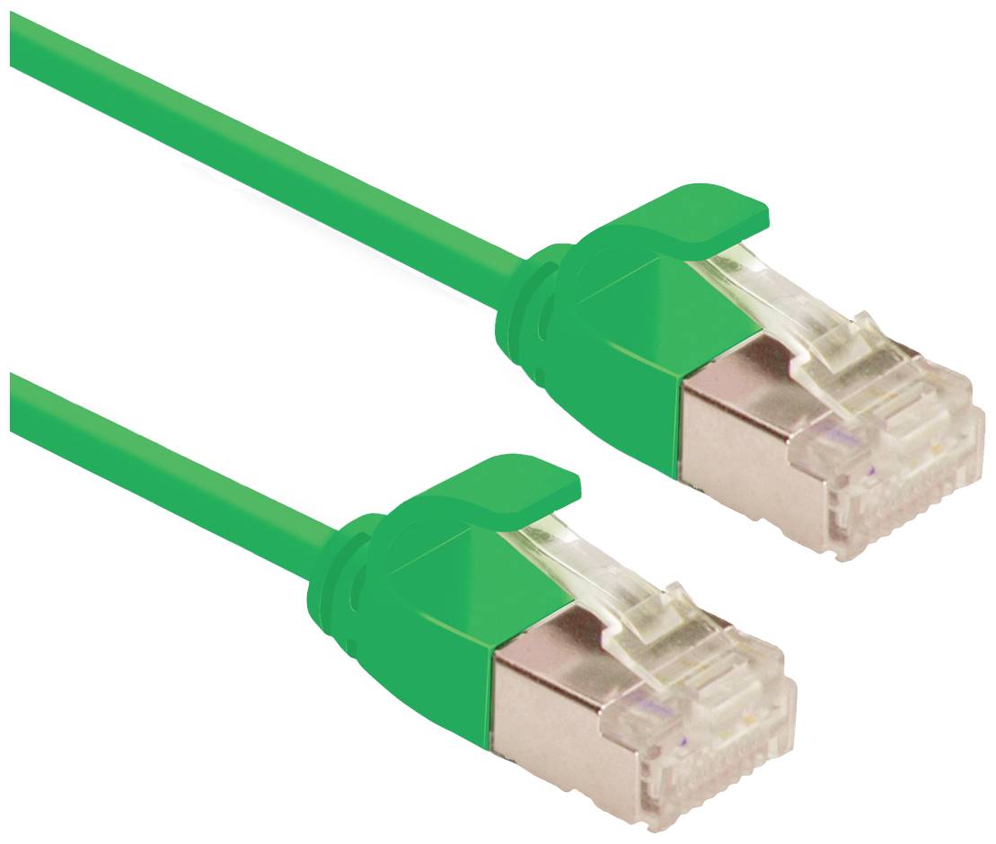 Grünes Ethernet-Kabel mit zwei RJ45-Steckern. Geeignet für Netzwerkverbindungen und Datenübertragung.
