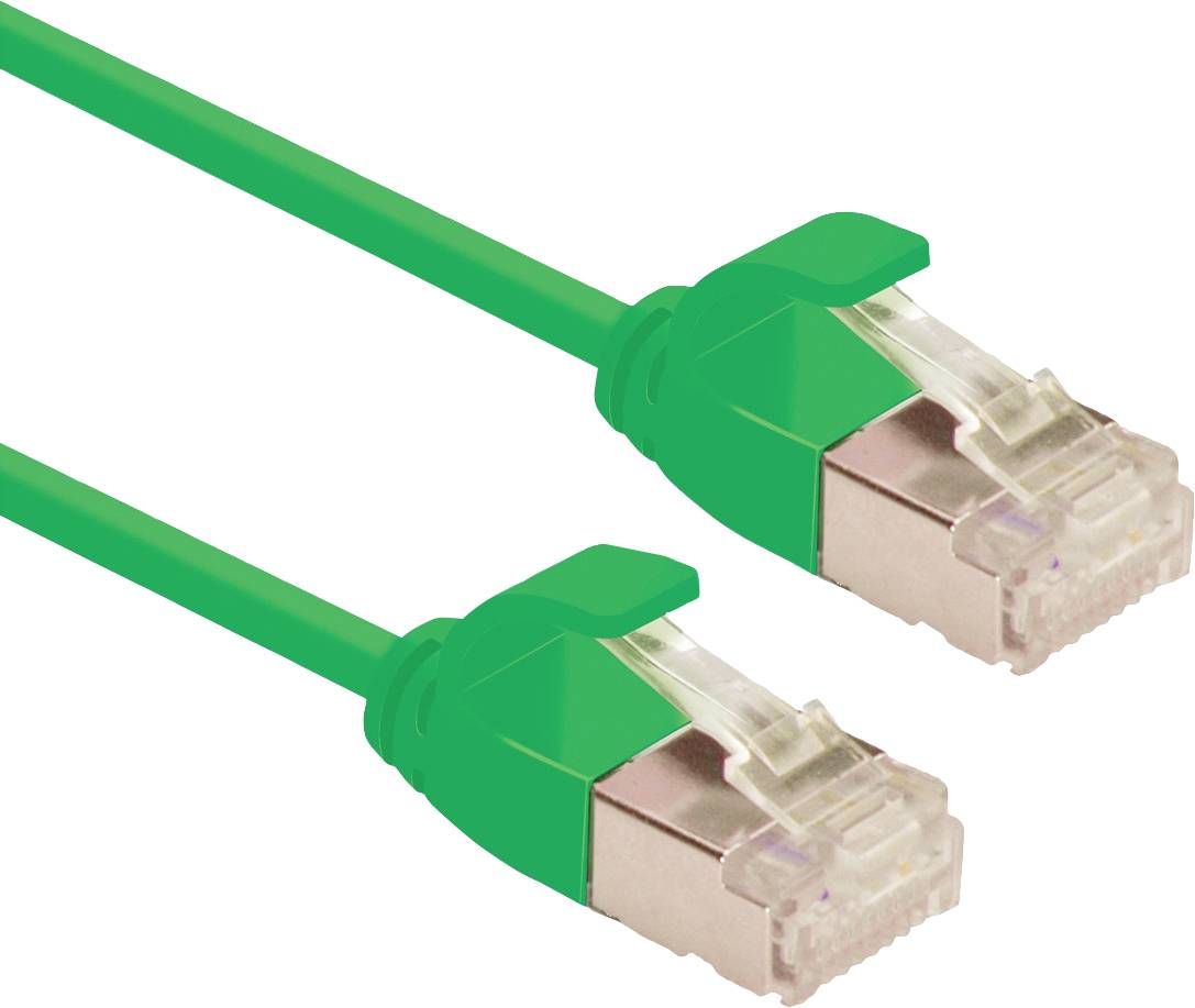 Grünes Ethernet-Kabel mit zwei RJ45-Steckern, verwendet für Netzwerkverbindungen, auf weißem Hintergrund.