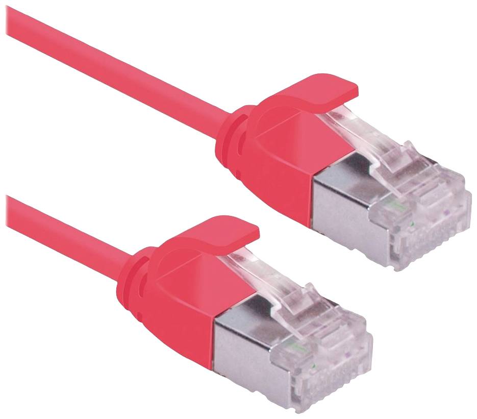 Zwei rote Ethernet-Kabel mit RJ-45-Steckern, die in Computernetzen zur Datenübertragung verwendet werden.