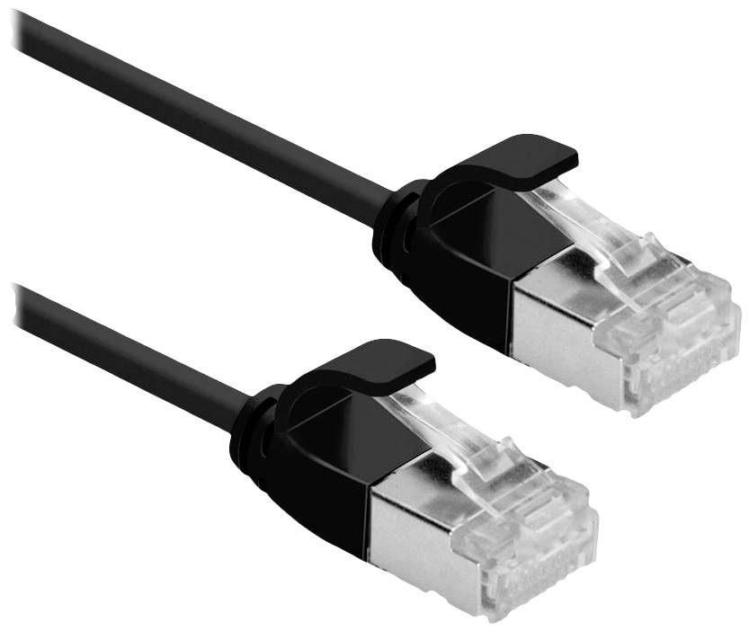 Zwei schwarze Ethernet-Kabel, die nebeneinander liegen, mit RJ45-Steckern an jedem Ende. Sie werden für Netzwerkverbindungen verwendet.