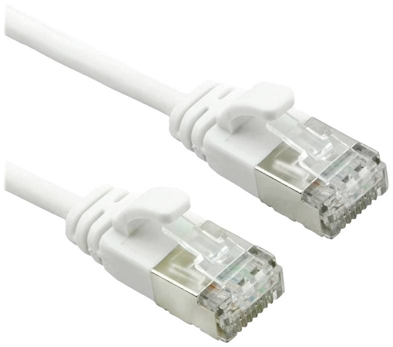 Zwei weiße Ethernet-Kabel mit RJ45-Steckern, geeignet für Netzwerke und Internetverbindungen.