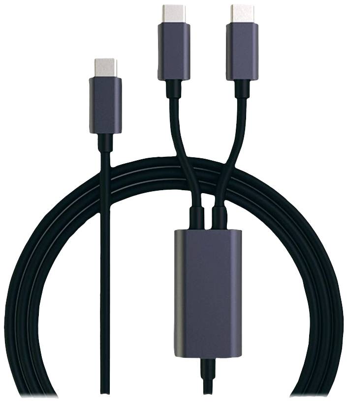 Ein schwarzes, dreifach gesplittetes Ladekabel mit grauen Anschlüssen und einem Adapter, geeignet für verschiedene Geräte.