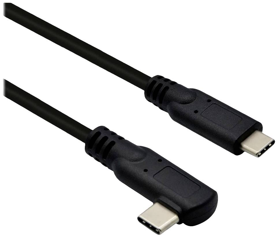 Zwei schwarze USB-C-Kabel mit abgewinkeltem Stecker, geeignet für Anschlüsse in engen Räumen, auf weißem Hintergrund dargestellt.