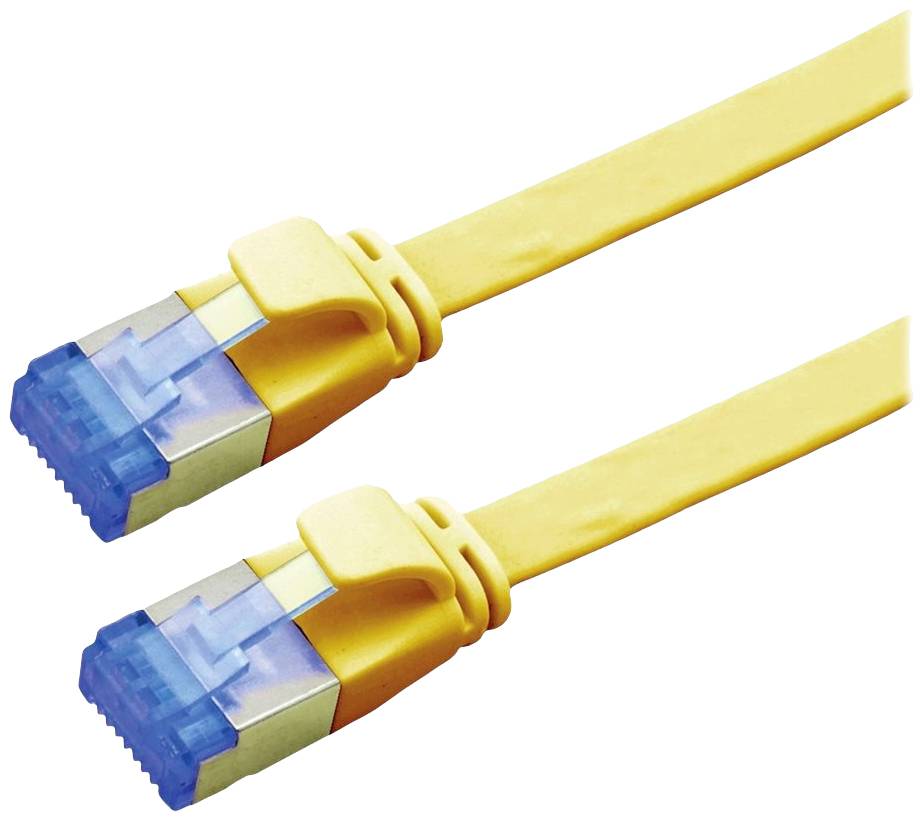 Zwei gelbe Ethernet-Kabel mit blauen Steckern auf weißem Hintergrund.