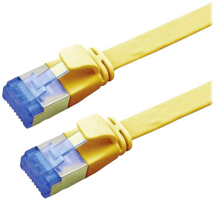 Zwei gelbe Ethernet-Kabel mit blauen Steckern nebeneinander liegend.
