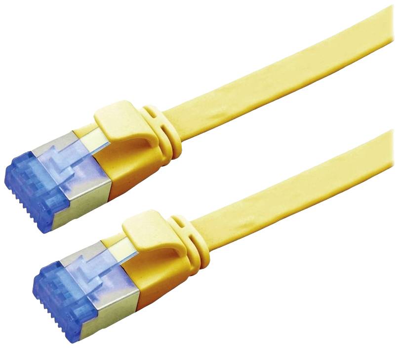 Zwei gelbe Ethernet-Kabel mit blauen Steckern, die für Netzwerkanwendungen verwendet werden.