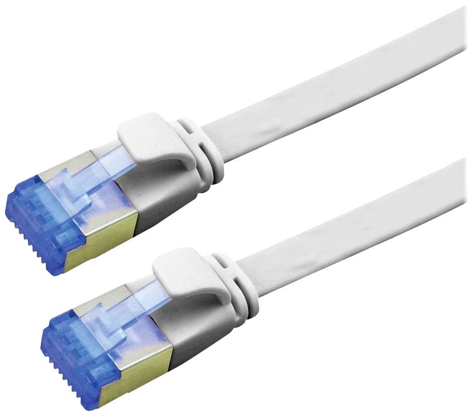 Zwei weiße Ethernet-Kabel mit blauen Steckern, verwendet für Netzwerkanbindungen, liegen parallel nebeneinander.