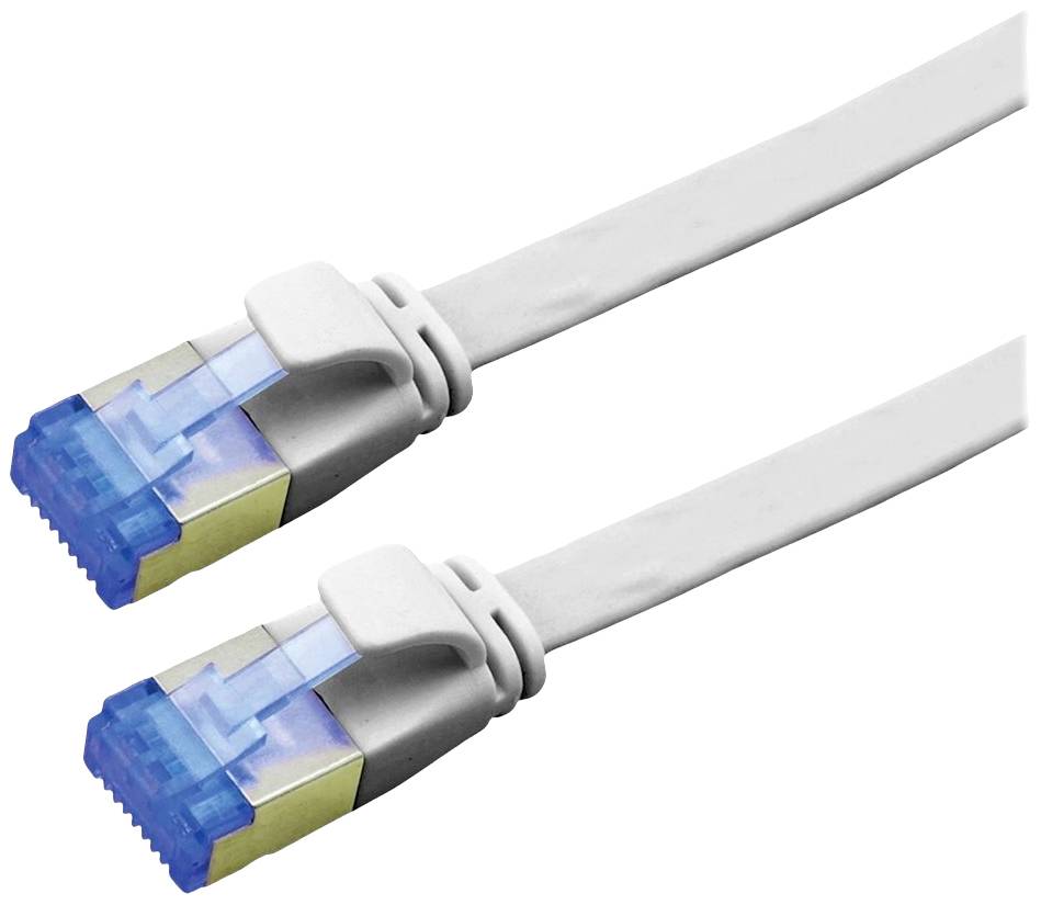 Zwei weiße Ethernet-Kabel mit blauen Steckern, die zur Netzwerkverbindung verwendet werden.