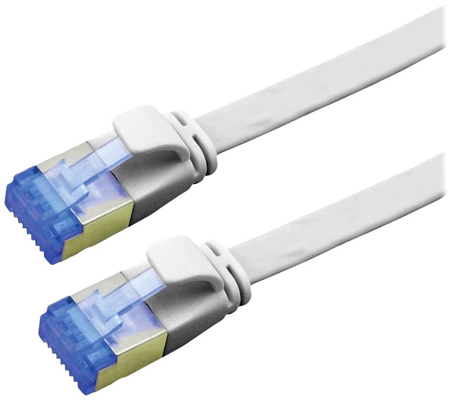 Zwei Netzwerk- oder Ethernet-Kabel mit blauen RJ45-Steckern und weißen Kabeln nebeneinander, die zur Datenübertragung verwendet werden.