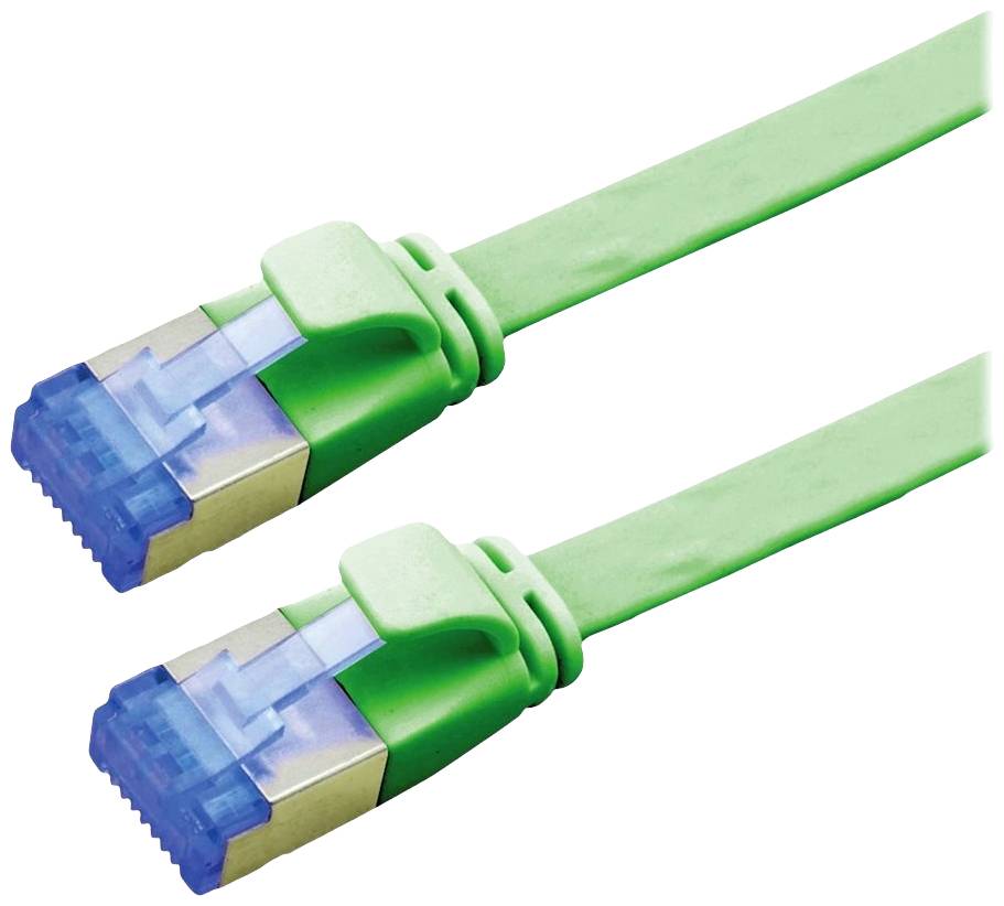 Zwei grüne Ethernet-Kabel mit blauen Steckern liegen parallel nebeneinander.