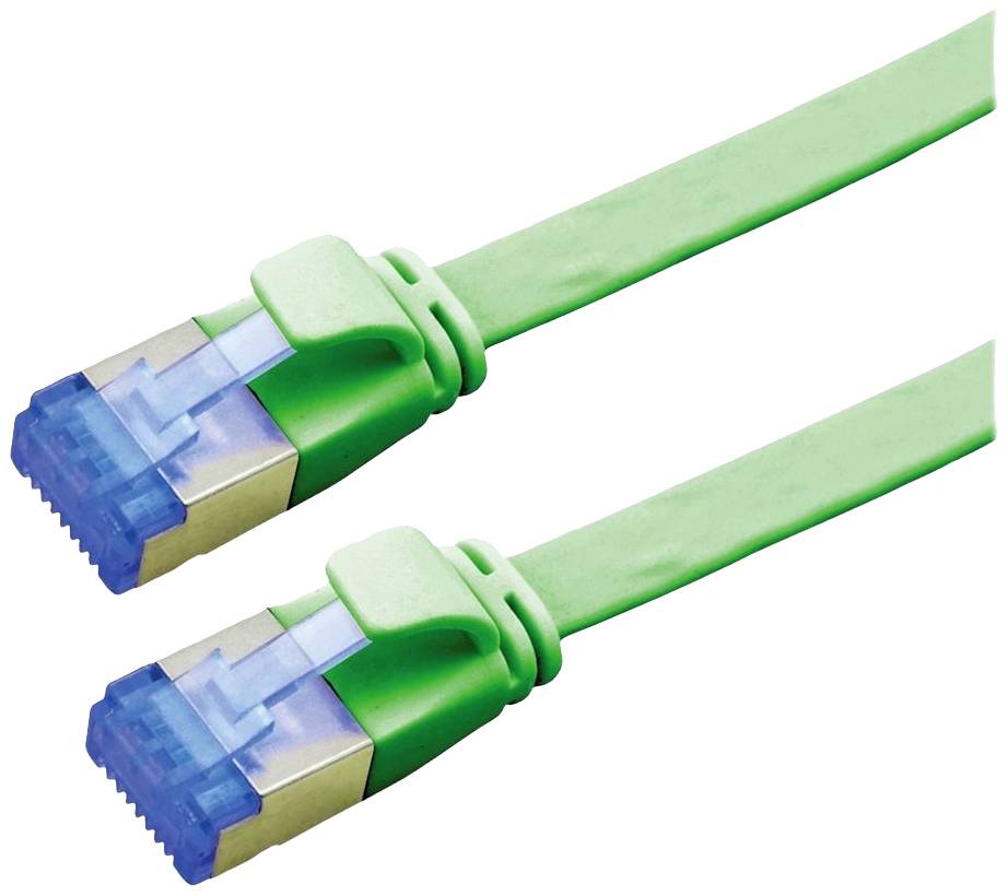 Zwei grüne Ethernet-Kabel mit blauen Steckern, die für Netzwerkverbindungen verwendet werden, liegen nebeneinander auf weißem Hintergrund.