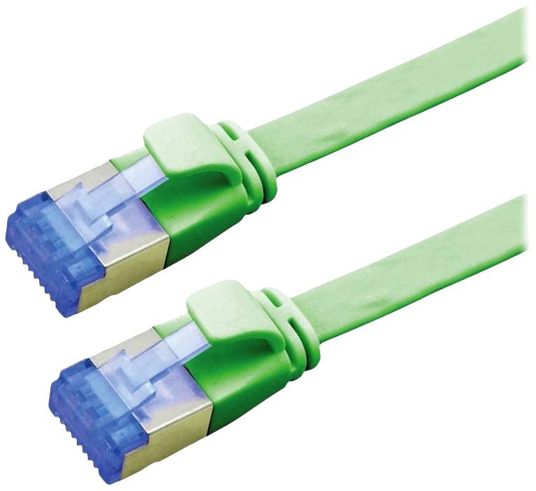 Zwei grüne Ethernet-Kabel mit blauen Steckern, nebeneinander liegend.