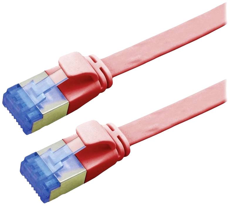 Zwei rote Ethernet-Kabel mit blauen Steckern. Sie sind parallel nebeneinander angeordnet und bereit zur Verbindung von Netzwerkgeräten.
