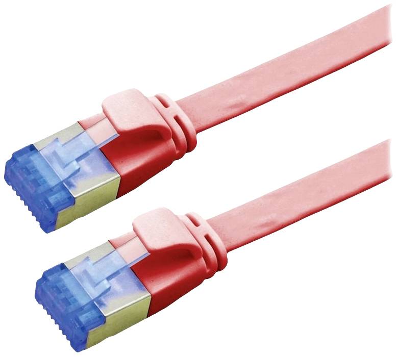 Zwei rote Ethernet-Kabel mit blauen Steckern, die nebeneinander angeordnet sind. Sie werden in Netzwerken zur Datenübertragung verwendet.