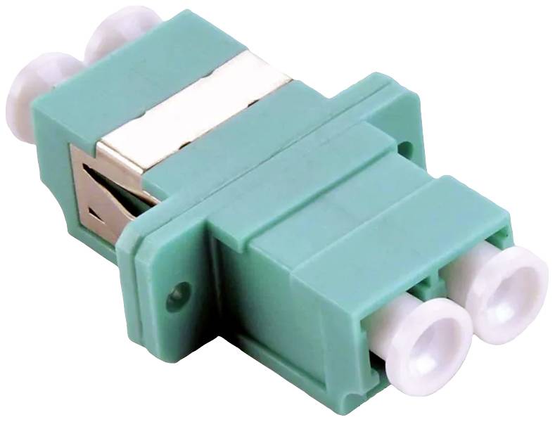 Ein türkisfarbener LC-LWL-Kupplungsadapter mit zwei Anschlussöffnungen, verwendet zur Verbindung von Glasfaserkabeln.
