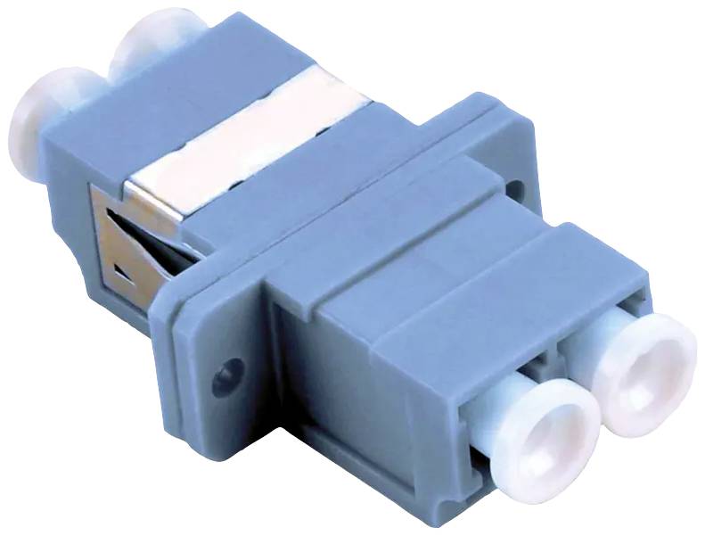 Blauer optischer Adapter mit zwei Anschlüssen, verwendet zur Verbindung von Glasfaserkabeln, seitlich betrachtet.