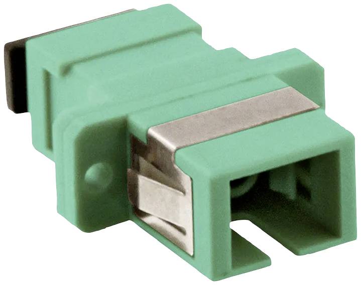 Ein grüner LWL-SC-LC-Adapter mit Kunststoffgehäuse und Metallclips, zur Verbindung von Glasfaserkabeln in Netzwerkhardware.