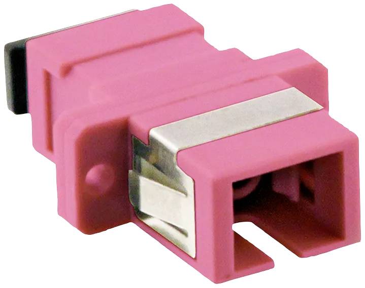 Ein rosafarbener LWL-Adapter mit einer rechteckigen Form und metallischen Verbindungen, geeignet für Glasfaserkabelverbindungen.