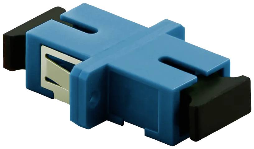 Ein blauer LC-LWL-Kupplungsadapter mit zwei Öffnungen und schwarzen Endkappen für die Verbindung von Glasfaserkabeln.