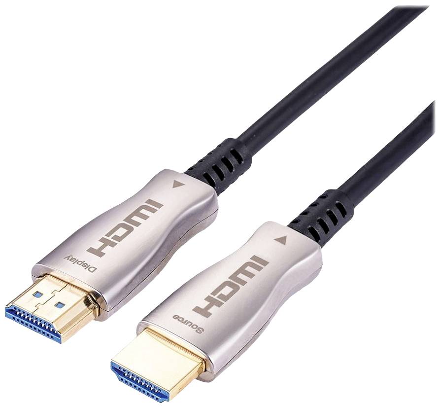 Zwei HDMI-Kabel mit metallischen Steckern, gekennzeichnet mit 'Display' und 'Source', auf weißem Hintergrund.