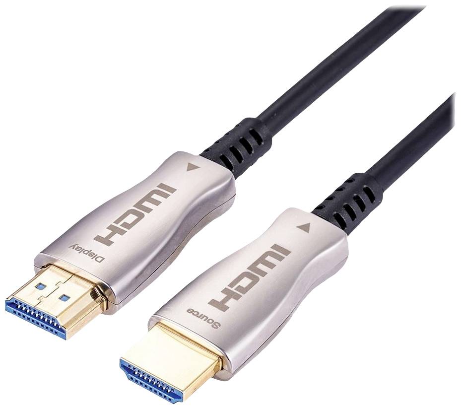 Zwei HDMI-Kabel, eines mit 'Display' und eines mit 'Source' beschriftet, liegen nebeneinander. Sie sind schwarz mit silbernen Steckern.