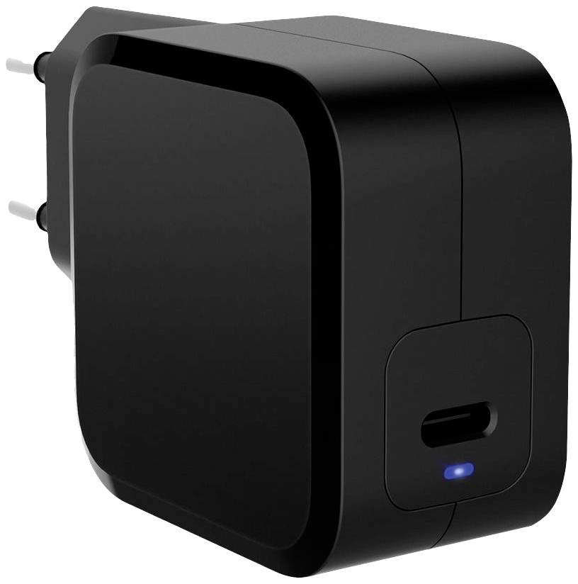 Schwarzes USB-C-Ladegerät mit europäischem Stecker und leuchtender blauer LED-Anzeige an der Vorderseite.