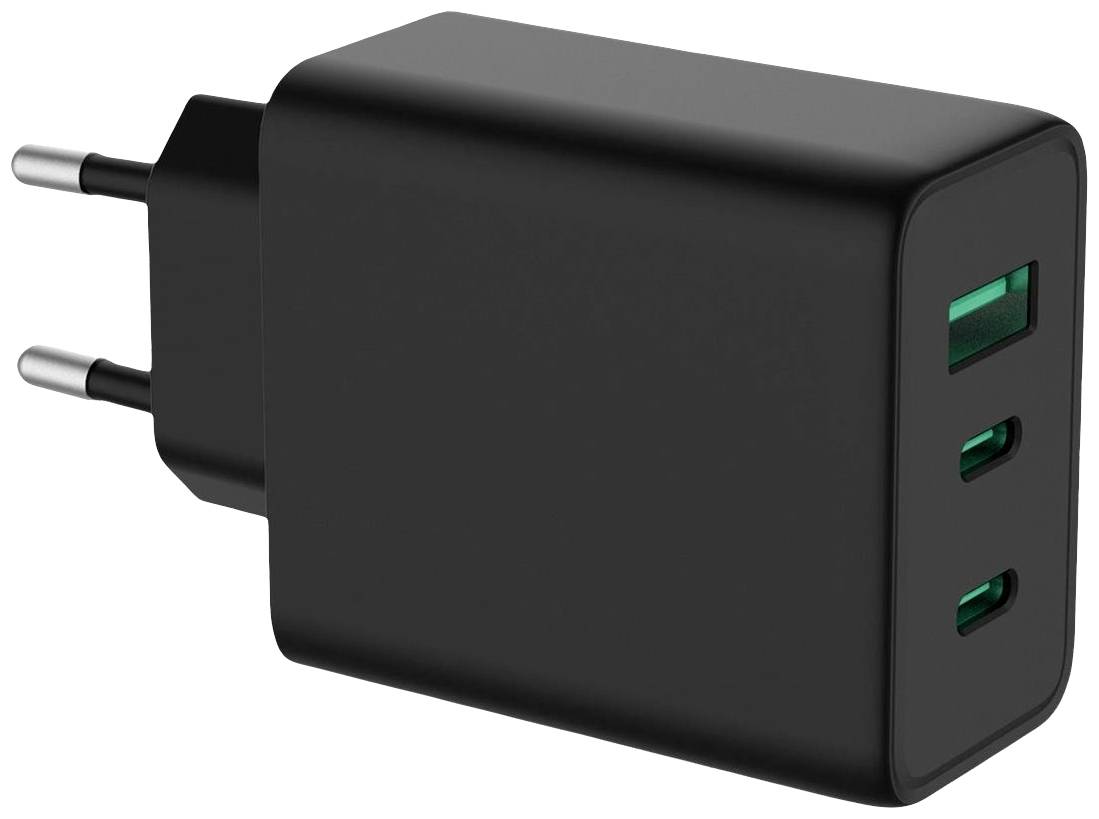 Schwarzes Ladegerät mit zwei USB-C- und einem USB-A-Anschluss, geeignet für schnelles Aufladen verschiedener elektronischer Geräte.
